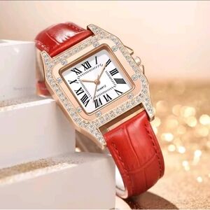 Elegant Red Leather-Strap Quartz Watch with Rose Gold Crystal Case